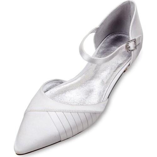Comfort Flat Satin Wedding Shoes Women Pointed Toe Ankle Buckle Strap Prom Evening Wedding Bridal Party Flats