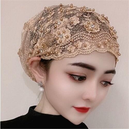 Embroidery Beading Turban Bonnet Stretchy Head Cover Caps Muslim Headscarf Hijab Female Wrap Head Islam Headwear Accessories