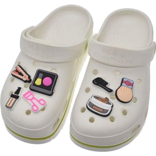HOT SALE 1pcs Cosmetics Series Shoe Charms Accessories Decorations Rouge Gouache PVC Croc jibz Buckle for Girls Party Kids Gifts