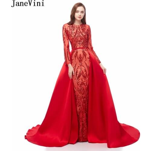 JaneVini Saudi Arabic Red Mermaid Long Sleeve Evening Dresses with Detachable Train Sparkling Sequined Luxury Dubai Formal Dress