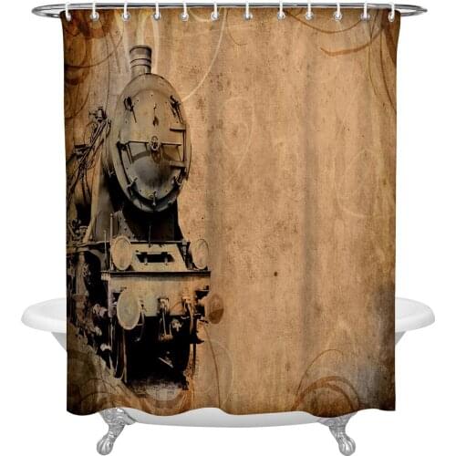 Brown Train Railway Retro Style Bathroom Shower Curtain Polyester Fabric Waterproof Shower Curtains with Hooks