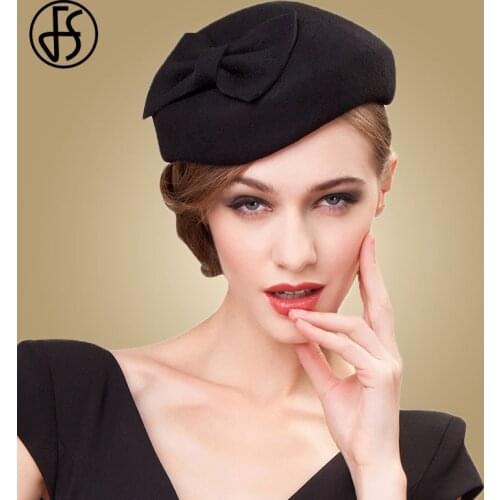 FS 100% Wool Black Pillbox Hats Fascinator For Women Elegant Wedding Felt Fedora Hat Derby Tea Party Formal Ladies Church Hats