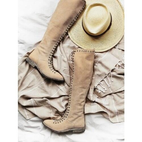 Rome Style Hot Selling Women Riding Knee-High Fall Winter Boots Crossed-tied Low Heel outside High Quality Shoes