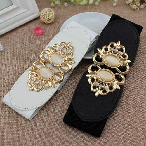 Women Elastic Cinch Waist Belt Retro Gold Color Metal Flower Buckle Imbue Opal Inlay Wide Type Trendy Stylish Dress Belt