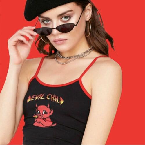 Meihuida Women Devil Print Crop Top Sexy Ladies Sleeveless Solid Stretchy Skinny Vest Short T-Shirt Cami Night Club Wear