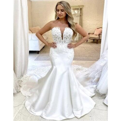 Sexy Wedding Dresses Mermaid Strapless V-neck Satin Lace Appliques 2021 New Design Vintage Simple Bride Gowns Custom Made Plus S