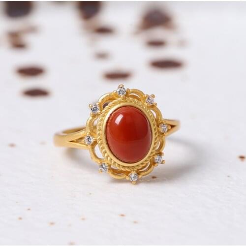 2021 New S925 Silver Gold-Plated Inlaid Southern Red Agate AAA Zircon Lace Ring Fashion Retro Womens Ring