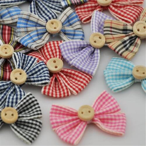 40pcs Plaids Ribbon Gingham Bow W/Button Appliques Mix Color A67