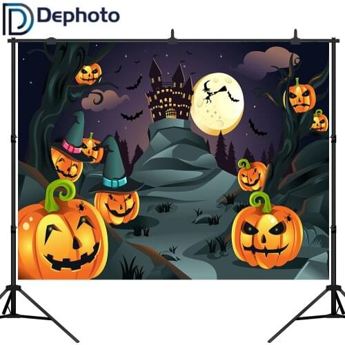 Dephoto Halloween Themed Photography Backdrop Castle Pumpkin Witch Under Moonlight Background Photo Studio Photographer Props