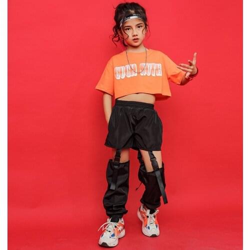 Kids Cool Hip Hop dancing Clothing Sweatshirt Crop Top short Sleeve T Shirt Split Pants Girls Jazz Dance Costume Clothes Wear