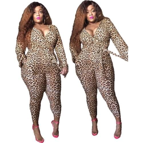 Sexy Clubwear Plus Size Women Jumpsuits With Leopard Printing Autumn Deep V-neck Long Sleeve Sashes Lace-Up Skinny Rompers
