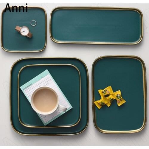 Creative Gold Stroke Ceramic Plate Nordic Modern Dark Green Square Fruit Tray Afternoon Tea Cake Dessert Plates Home Kitchenware