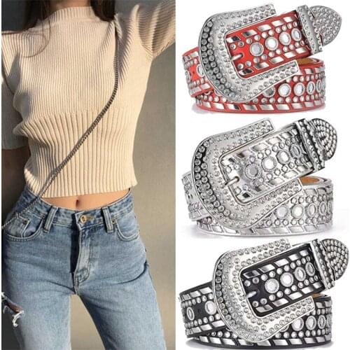 Rivet mens and womens belts European and American pin buckle rhinestone inlaid wide belt ladies jeans high-end rivets