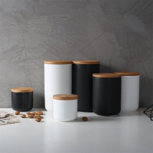 Nordic kitchen white black sealed ceramic storage jar spice jar container, salt storage bottle with wooden lid coffee tea jar