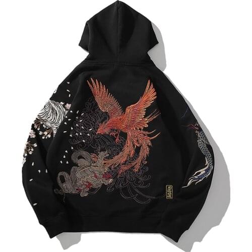 2020 new Chinese style embroidery four gods beast dragon tiger hooded hoodie autumn and winter plus velvet thick mens clothing