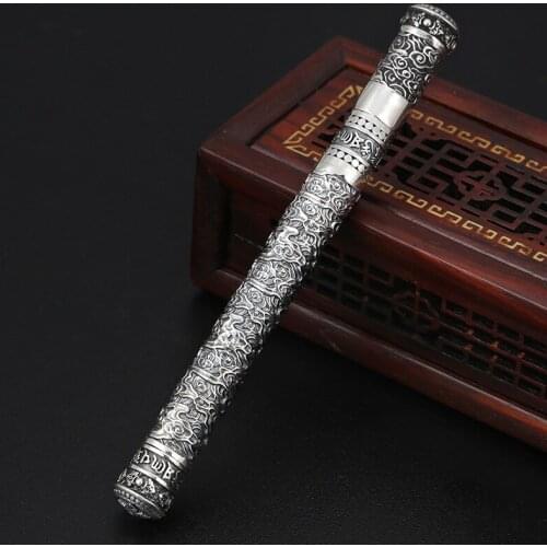 S925 Sterling Silver Thai Silver Retro six-word Mantra Auspicious Ballpoint Pen Personality Silver Jewelry Birthday Gift