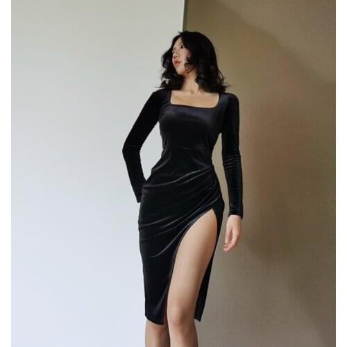 Vintage Gothic High Slit Black Dress Women Elegant Velvet Long Sleeve Dresses Goth High Waist Ladies Evening Party Dress