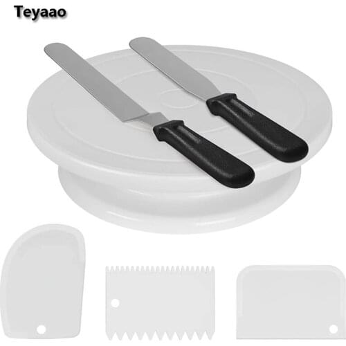 Teyaao 11 Inch Rotating Cake Turntable with 2 cake Spatula and 3 Smoother Revolving Cake Stand White Baking Cake Decorating