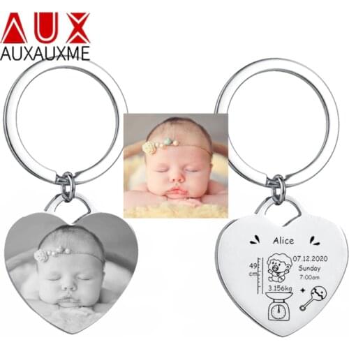 Auxauxme Custom Baby Keychains Engrave Babys Photo Name Birthday Weight Custom Keyring Stainless Steel Jewelry Birthday Gifts