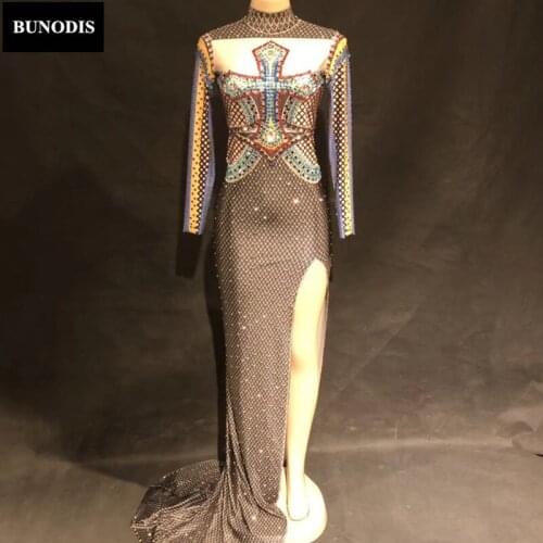 ZD302 Women Sexy Long Sleeve Cross Skirt Full Of Big Colorful Sprakling Crystals Nightclub Party Dancer Stage Wear Performance