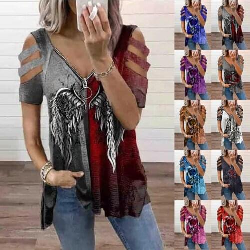 Summer T Shirt Women zipper v-neck hollow out bump color printed t-shirts short sleeves Female Tee Tshirts dropshipping ZC246