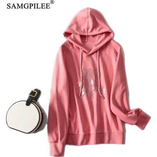 Hodies Woman Oversized Sweatshirts 2021 Cute Sequin Embroidery Animal Figure Three Color Series Hooded Casual Sweatshirt Women
