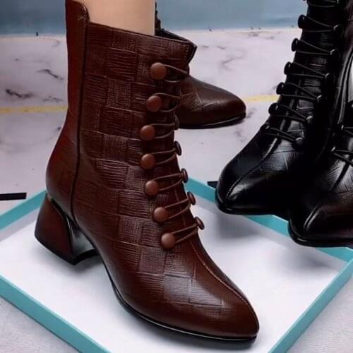 Womens Boots Autumn and Winter New Pointed Button Womens Short Boots Thick Heel Boots Zipper Boots Comfortable Casual Shoes