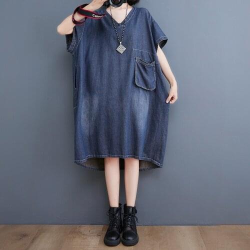 #2487 Denim Dresses Women Summer 2021 Long Jeans Dress Short Sleeves Casual Vintage Loose Ladies Dresses V Neck Retro Blue Sexy