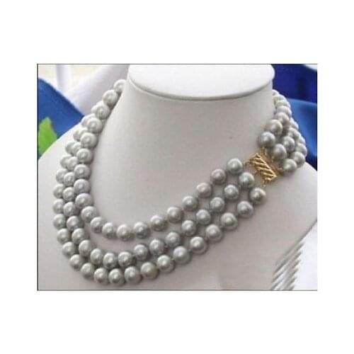14K Gold Triple Strands AAA 9-10mm Natural South Sea Gray Pearl Necklace 18"