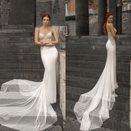 2021 New Mermaid Wedding Dresses Spaghetti Straps Lace Beads Bridal Gowns Custom Made Backless Sweep Train Wedding Dress
