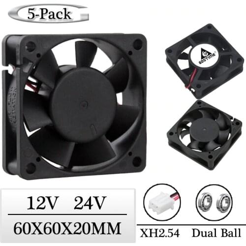 5 Pcs Gdstime DC 12V 24V 60x60x20mm Dual Ball Motor Cooling Fan 60mm x 20mm 6020 Brushless Equipment Case CPU Chip Cooler Fan
