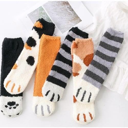 6 pairs New Arrivals Coral Fleece Socks Female Kawaii Tube socks Autumn Winter Cat Claws Cute Thick Warm Sleeping Floor Socks
