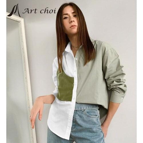 2021 Spring Autumn Elegant Blouse Casual Shirt Women PU Leather Patchwork Tops Design Loose Office Ladies Design Shirts Green