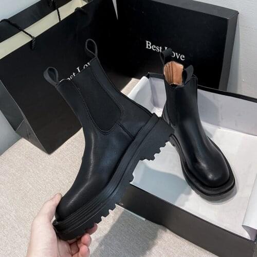 TYDZSMT Chunky Boots Women Winter Shoes PU Leather Plush Ankle Boots Black Female Autumn Chelsea Boots Fashion Platform Booties