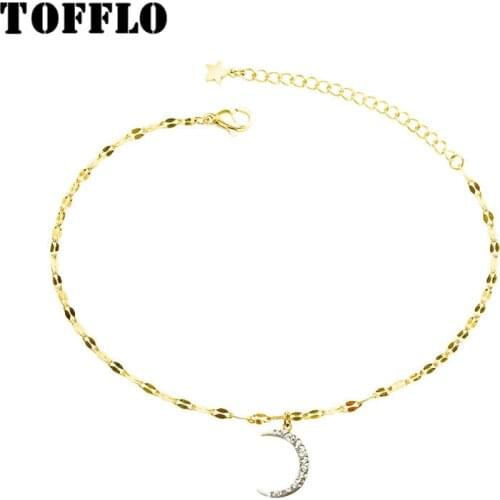 TOFFLO Stainless Steel Lip Chain With Zircon Moon Pendant Anklet For Women Elegant Jewelry BSS083