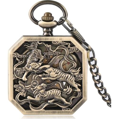 Hot Sell Vintage Bronze Octagon Hollowed Tiger Mechanical Pocket Watch Roman Dial Christmas Gift Watch 10pcs/lot Wholesale