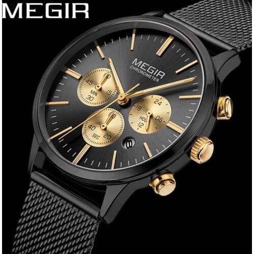 MEGIR Women Watch Waterproof Top Brand Luxury Chronograph Ladies Wristwatch Black Stainless Steel Bracelet Female Clock 2011