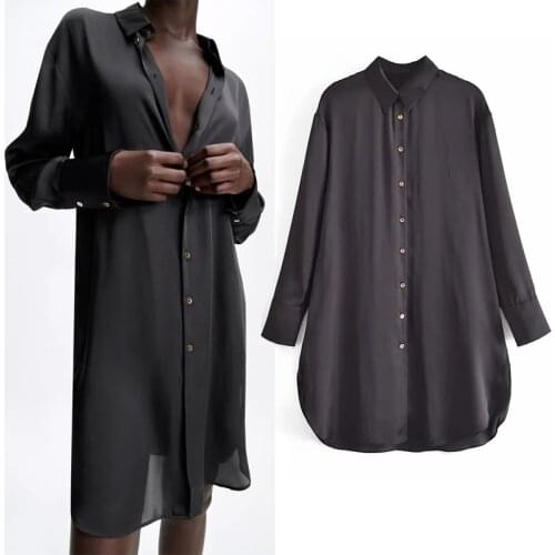 TRAF Za Black Long Shirt Women 2021 Oversize Satin Blouse Female Collared Long Sleeve Button Up Shirt Woman Casual Summer Tops