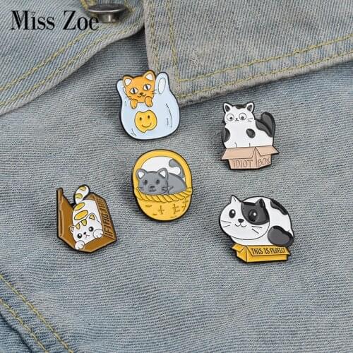 This is Perfect Enamel Pins Fat Cat Box Basket Bag Brooch Lapel Badge Funny Animal Quote Jewelry Gift for Kids Friends