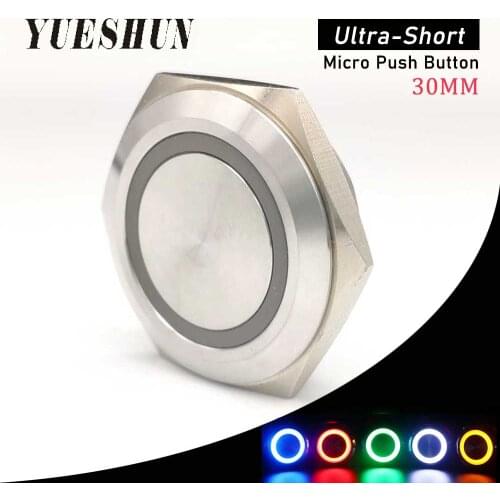 YUESHUN 30mm Waterproof Metal Ultra Short Strock Push Button Illiminated Switch Momentary 1NO 3V 6V 12v 24V Red Blue Light
