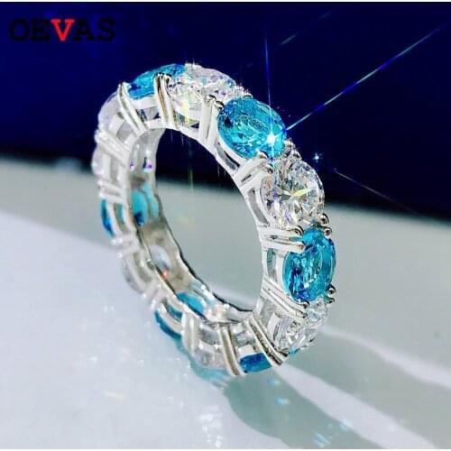 OEVAS 100% 925 Sterling Silver Sparkling 5*5mm Inlaid Round Drill Aqual Blue Diamond Wedding Rings For Women Fine Jewery Gifts