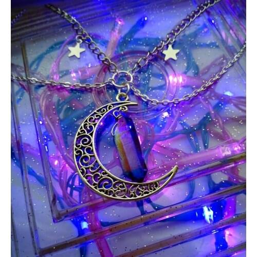 Crescent Moon Choker with Natural Rose Quartz Crystal,Double Layer,moon and Stars,goth Choker Necklace,Witchy Jewelry Gift