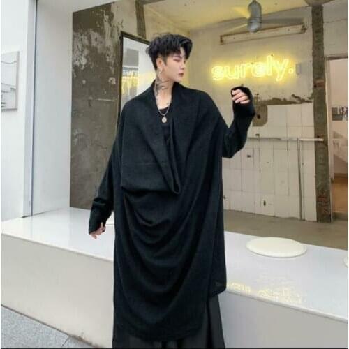 Mens Japanese Style Punk Gothic Long Sleeve Pleated Pullover Black Oversize Top Shirt