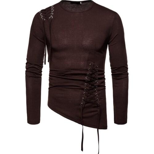 Mens Trend Slim Tether Round Neck Solid Color Long Sleeve Shirt