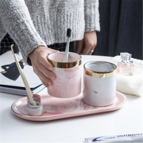 Nordic bathroom set Simple ceramic marble pattern bathroom couple mouthwash cup set toothbrush holder bathroom supplies