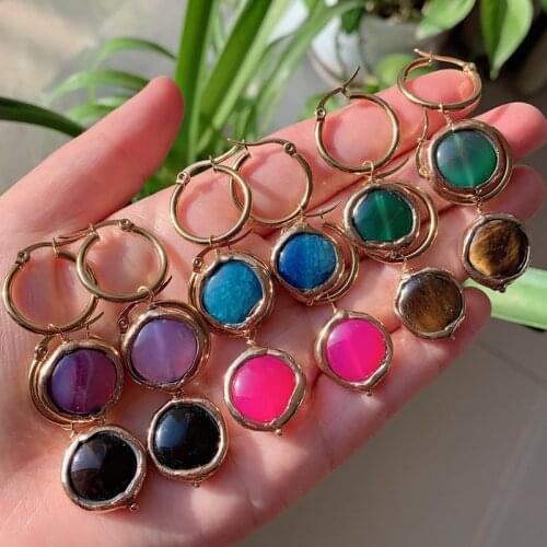 Stainless Steel Ear Circle Tiger Eye Red Agat Stone Charm Dangle Tassel Chakra Colorful Natural Agates Crystal Hoop Earrings