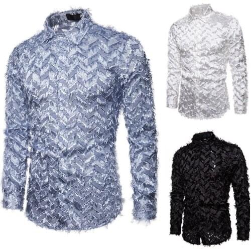Mens new fashion three-dimensional feather leisure slim long-sleeve business shirt night club European and American sizes XXL