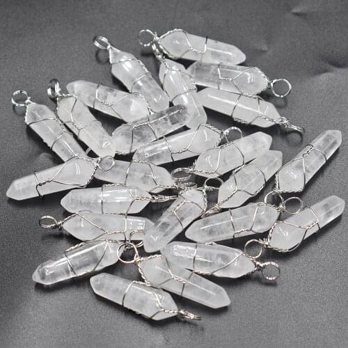 Wholesale 20pcs/lot natural white crystal pillar shape point handmade iron wire pendants for jewelry making free shipping