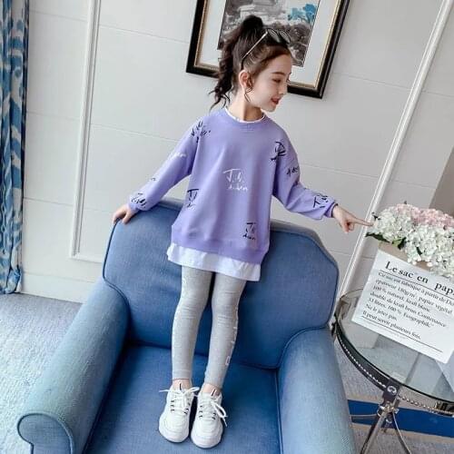 2021 Kids Clothes Suit Little Girls Autumn Clothing Casual Big Childrens Print Tops Sweater+ Leggings Two-Piece Set For Teens
