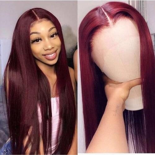 Straight Hair 13X4 Lace Front Wig Colored Human Hair Wigs 99J/ Burgundy/33/30/27 Pre-Plucked 180% Remy Glueless Peruvian Wigs